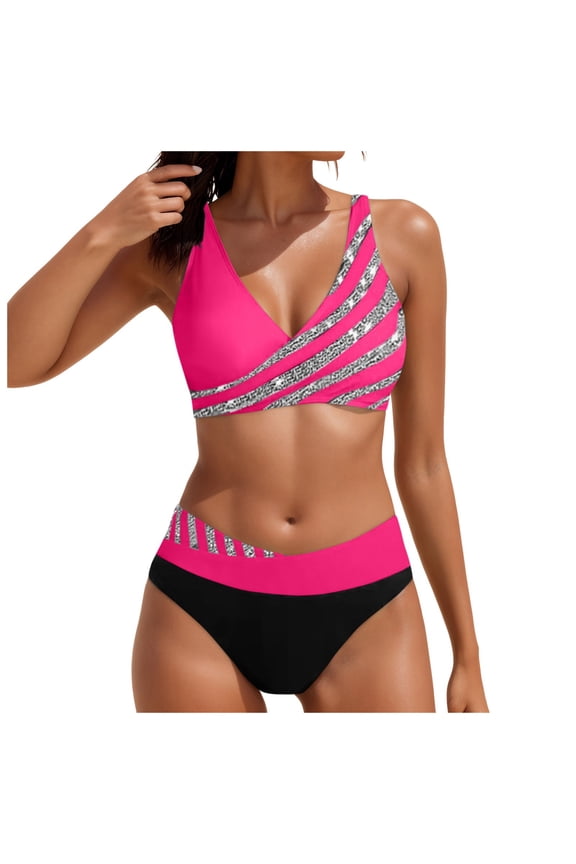 Womens Bikini Spaghetti Strap Push Up Swimsuit Cheeky Two Piece Bathing Suit (Hot Pink,L)