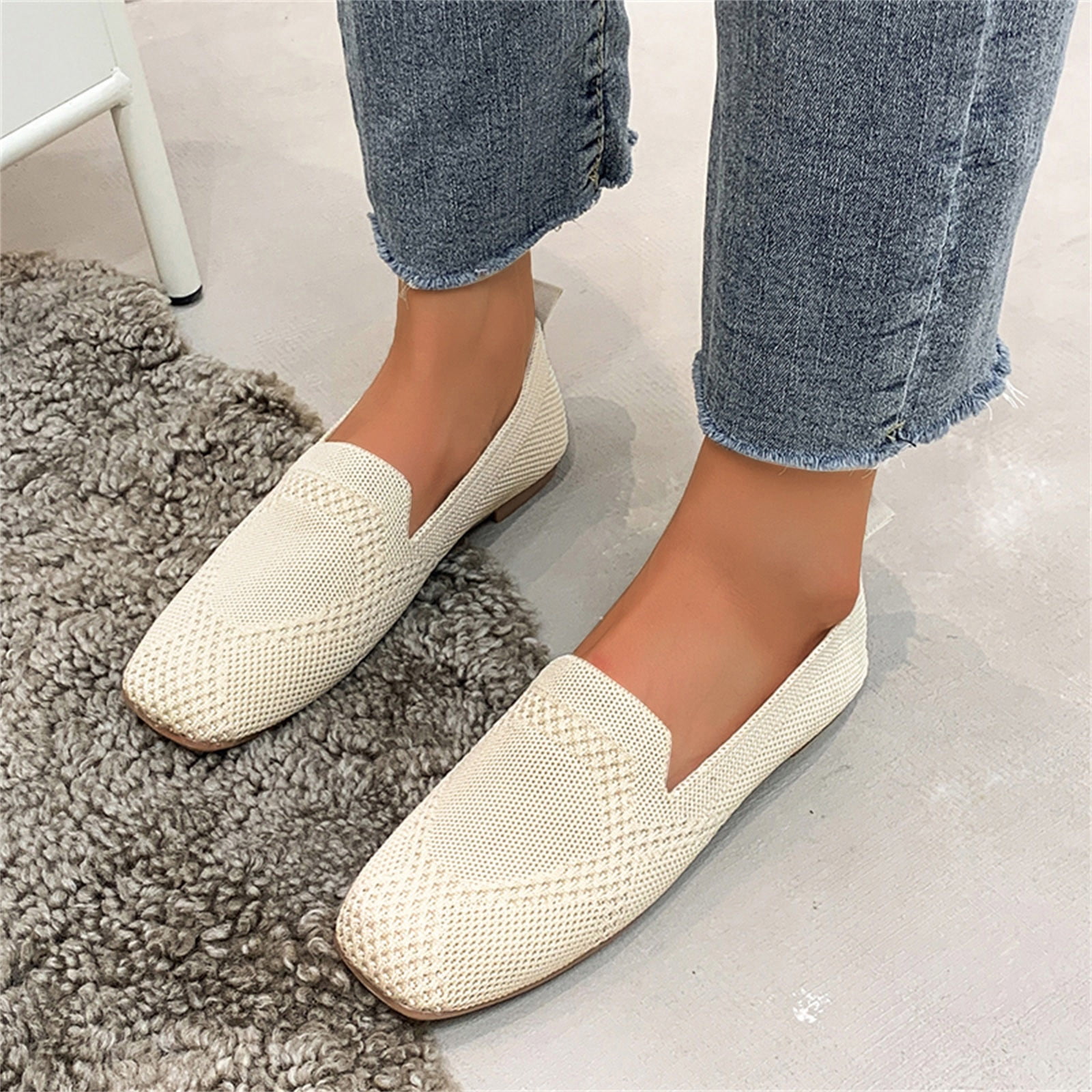 Cathalem Womens Casual Heels Shoes Ladies Fashion Square Toe Knit Hollow  Out Breathable Flat Soft Casual Slip on Shoes Women 8 Beige 7 
