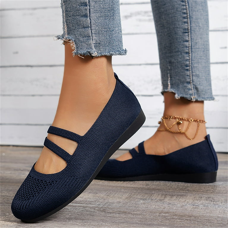 Cathalem Womens Casual Winter Shoes Ladies Fashion Solid Color Breathable  Knitting Comfortable Womens Casual Dress Shoes Low Heel Dark Blue 8.5