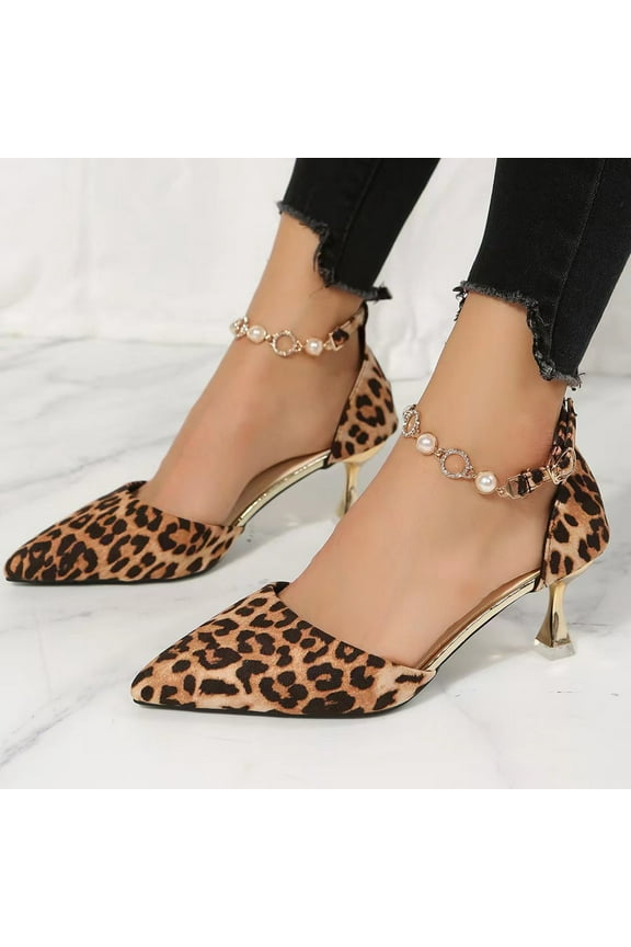 Womens Dress Shoes with Low Heel Ladies Fashion Leopard Print High Heel Shoes Rhinestone Buckle Pointed Heels Vs Ties Brown 7