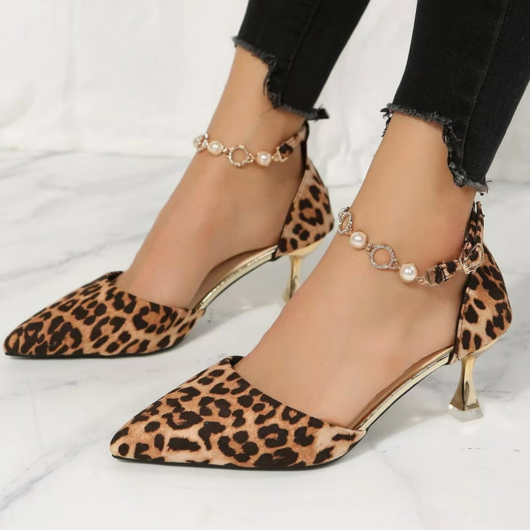 Cathalem Womens Dress Shoes with Low Heel Ladies Fashion Leopard Print High  Heel Shoes Rhinestone Buckle Pointed Heels Vs Ties Brown 9 