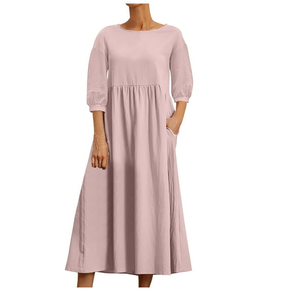 Cathalem Fall Dresses for Women Casual Womens Long Sleeve Fall Dresses with Pockets Ribbed Knit Casual Crew Neck Dress (Pink,S)