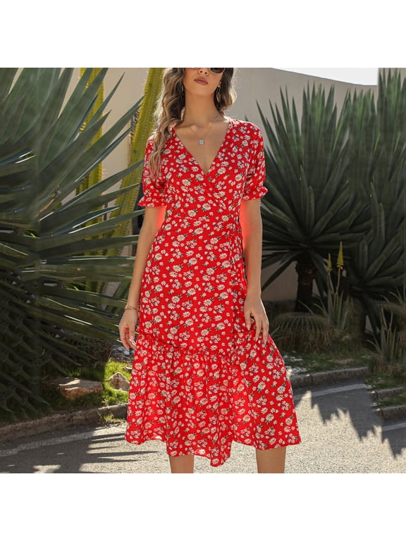 Womens Long Dresses Casual Womens Casual Fashion Dress Floral Printed Bohemian V Neck Chaps Surplice Dresses for Women Dress Red XX-Large