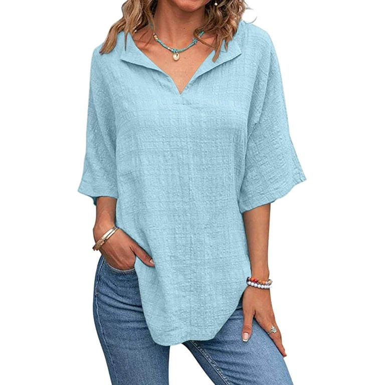 Cathalem Womens Long Sleeve Shirt Womens Solid Color V Neck Shirts Short  Sleeve Cotton Linen Tee Oversized Tee Shirt Shirt Light Blue X-Large