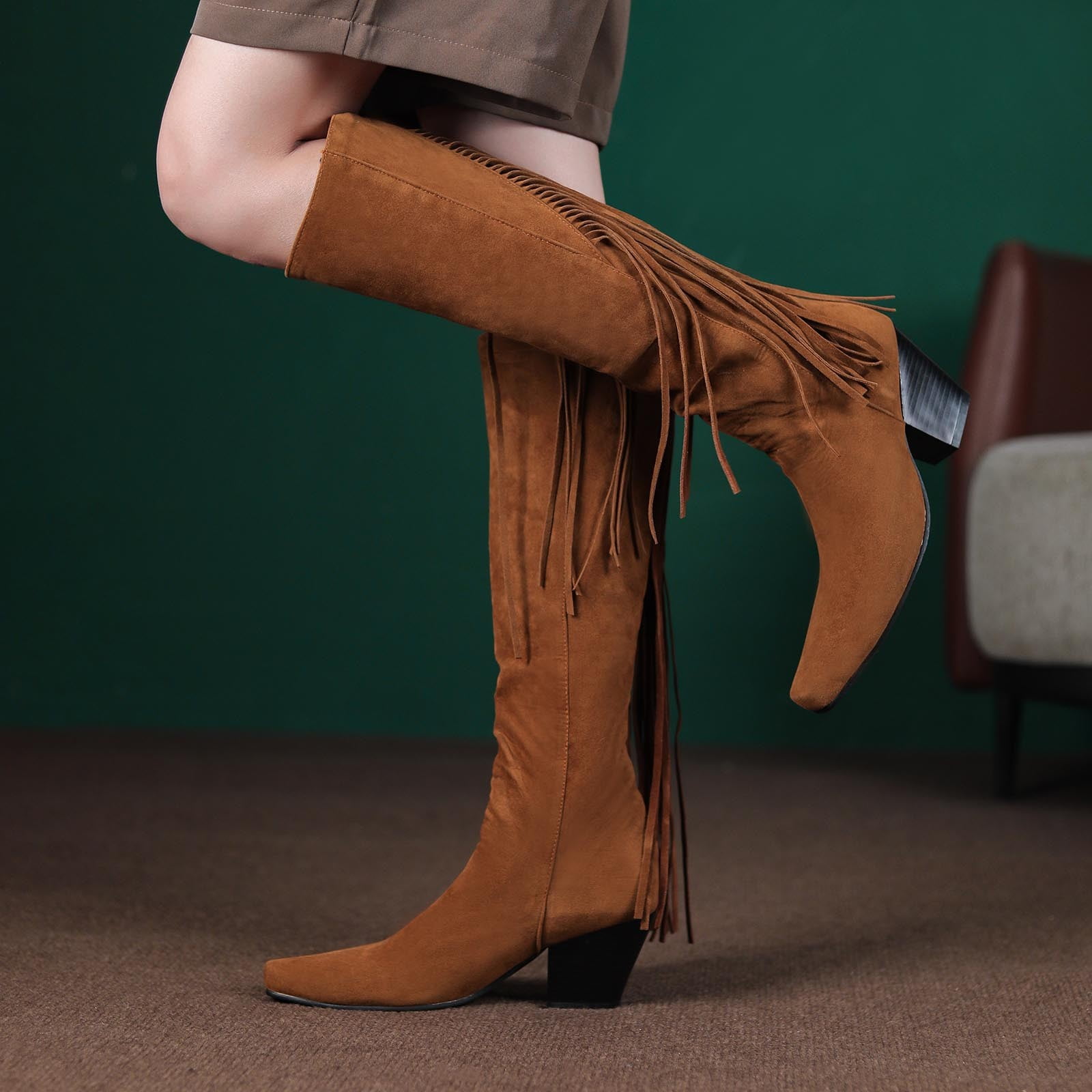 Cathalem Womens Mud Boots Size 10 Wide Calf Ladies Simple Fashion Square Heel Taupe over The Knee Boots for Women Wide Calf Brown 9