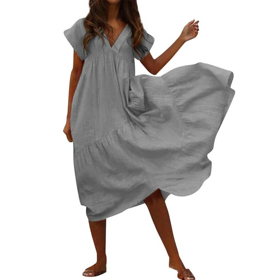 Cathalem Womens Short Sleeve Casual Party Evening Club Long Maxi Dress(Gray,S)