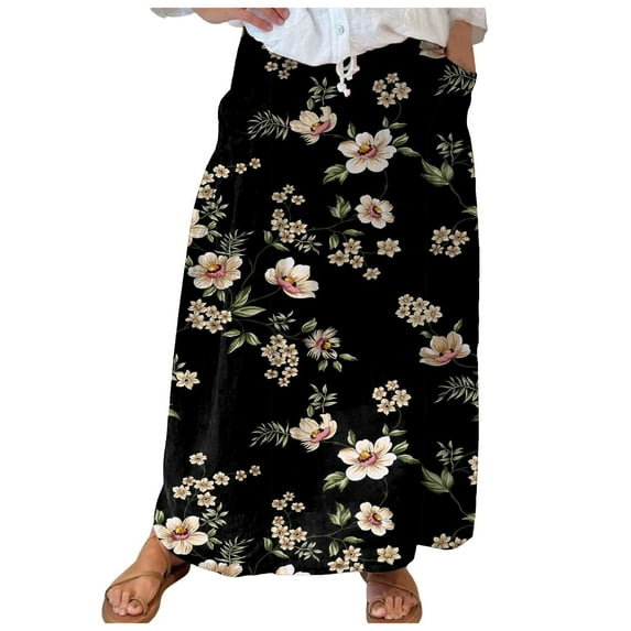 Cathalem Womens Skirts Long Long Skirts for Women High Elastic Waist Skirt Casual Floral Pleated A Line Boho Cute Skirts (Black,L)