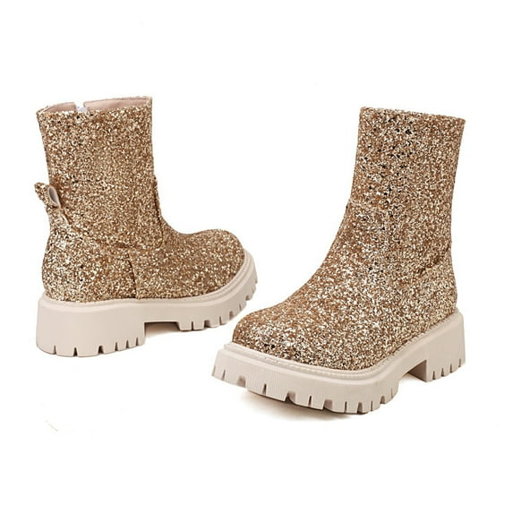 Cathalem Womens Snow Boots Fashion Women's Shoes British Style Leather Low Heel Sequin Side Zipper Lace up Boots Women with Heel Gold 8.5