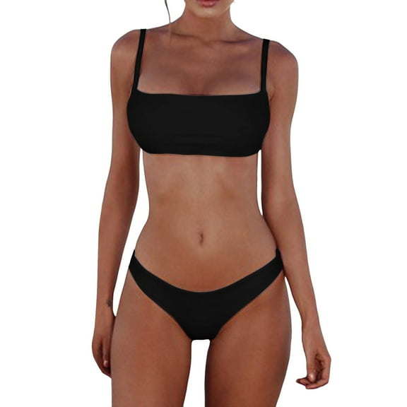 Cathalem Womens Swimsuits Women's Sexy Thong Bottom Two Piece Bikini Double Shoulder Straps Cute Swimsuit Triangle Bathing (Black,L)