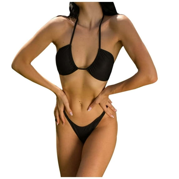 Cathalem Womens Two Piece Swimsuit Bikini Sets Women Thongs Cheeky Two Piece Swimsuit Sexy Swimwear Triangle Cute Bathing Suit String (Black,S)