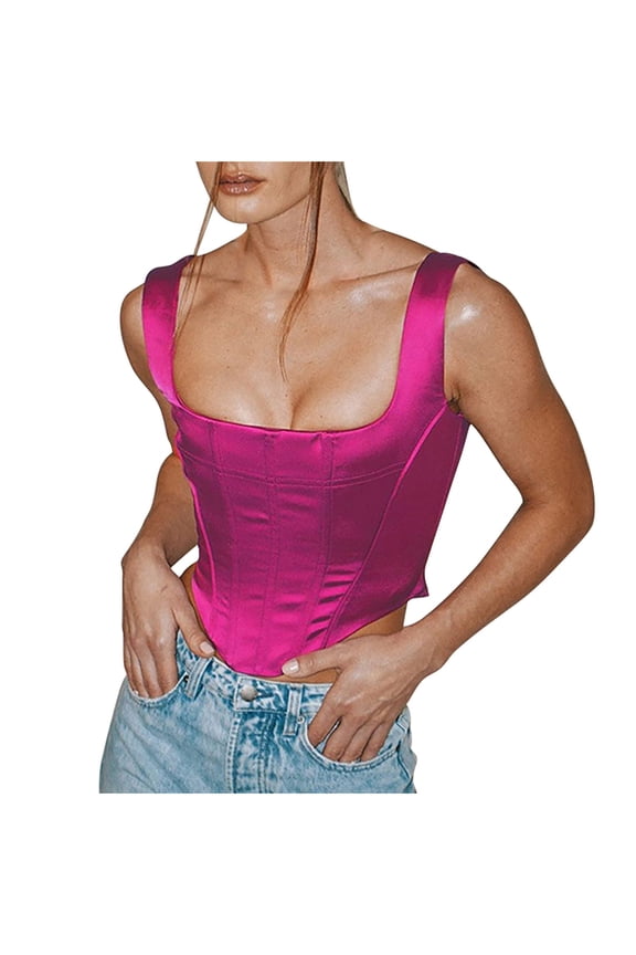 Works Tops for Women Women's Fishbone Padded Satin Bandeau Camisole Apparel Shirt Vest Hot Pink Large