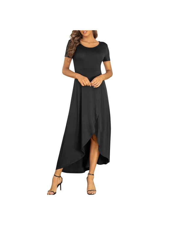 plus Size Formal Midi Dress Women Summer Long Dress Short Sleeve Casual Flowy High plus Size Dress for Wedding Dress Black Medium