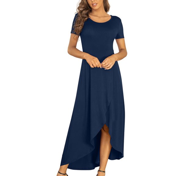 Cathalem plus Size Formal Midi Dress Women Summer Long Dress Short Sleeve Casual Flowy High plus Size Dress for Wedding Dress Blue X-Large