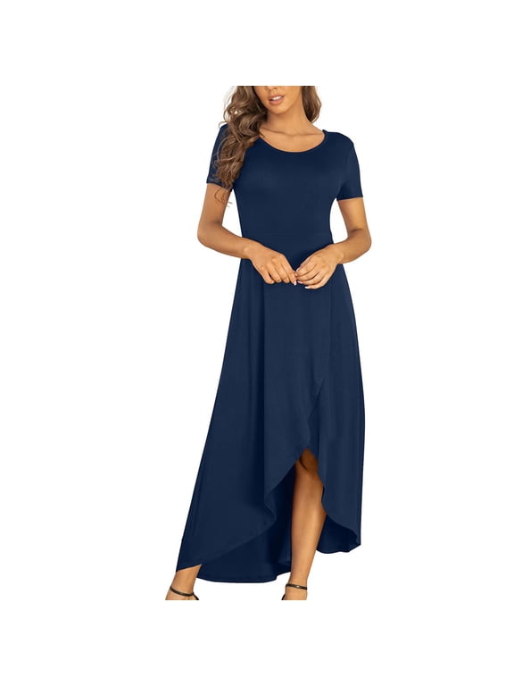 plus Size Formal Midi Dress Women Summer Long Dress Short Sleeve Casual Flowy High plus Size Dress for Wedding Dress Blue X-Large