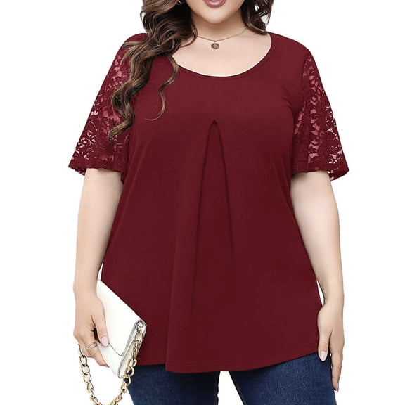 Cathalem plus Size Tops for Women Women Solid Plus Size Tops Lace Stitching Short Sleeve Tunic Tops To Women's Tunic Tops Shirt 4X-Large