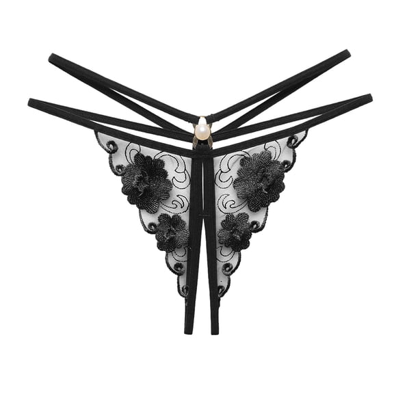 Cathalem plus Underwear Women Low Waist Flower Embroidery Hollow Out Transparent Mesh Thong Open Woman Panties Cotton Pack Underpants Black One Size
