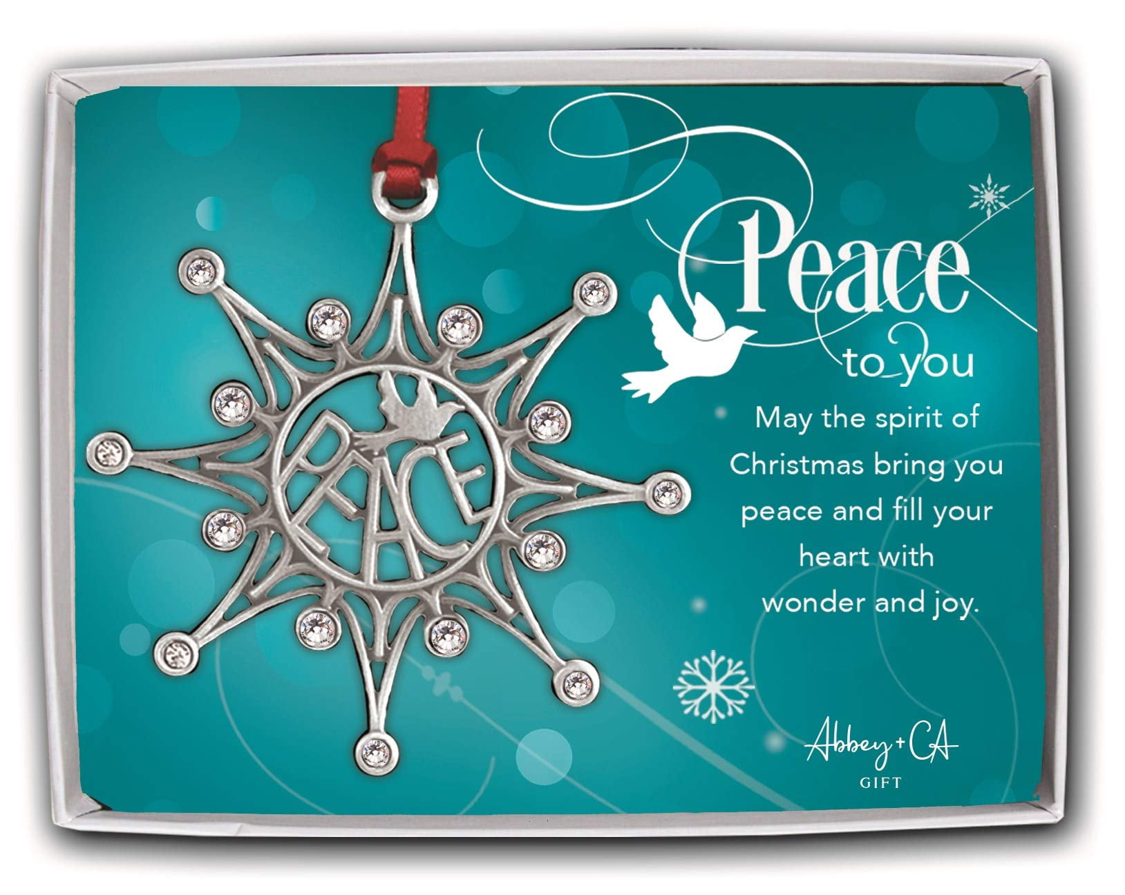 Pewter Peace Snowflake Ornament with Crystals and Red Ribbon