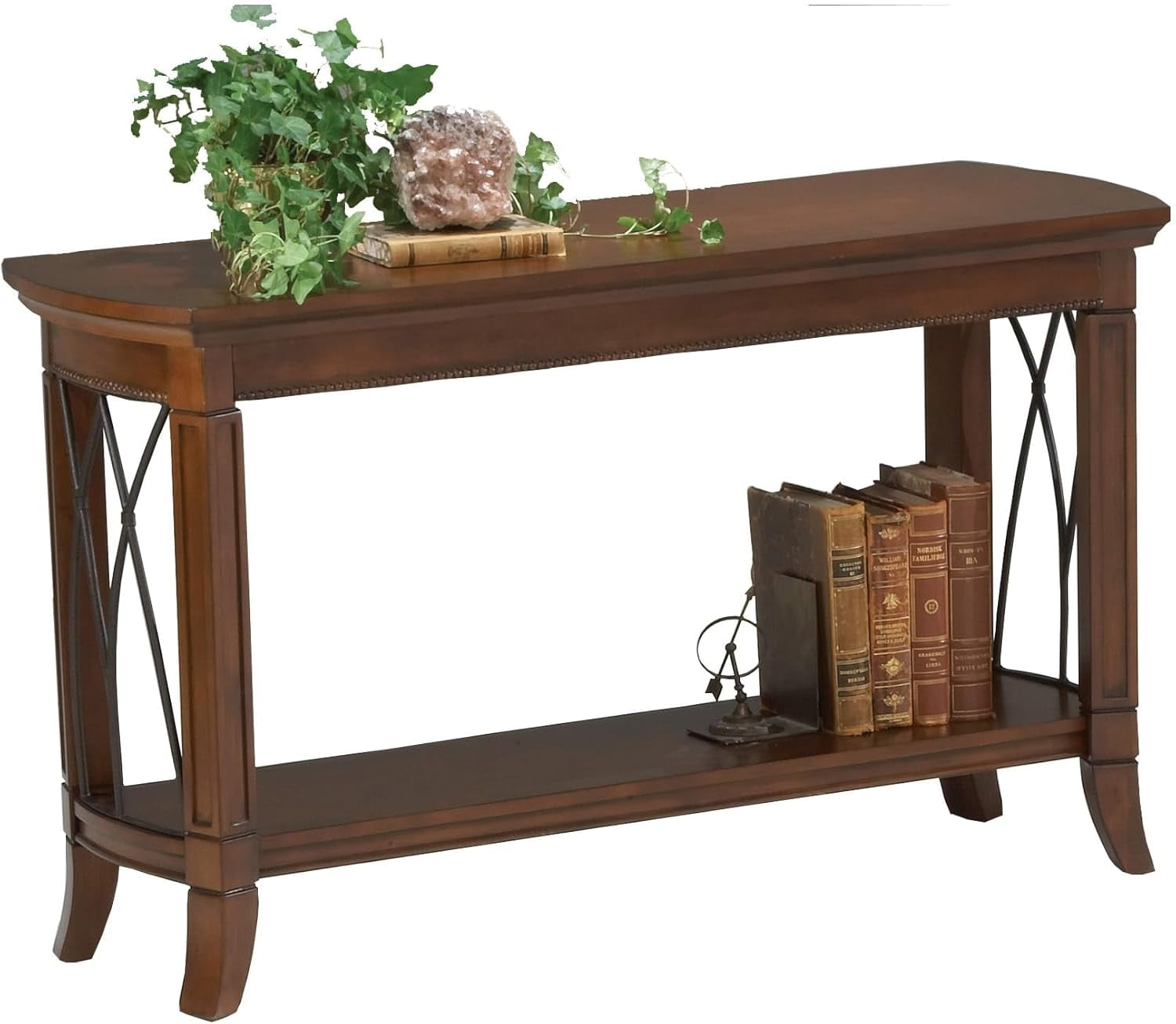 Cherry Wood Console Table with Metal Accents and Storage Shelf