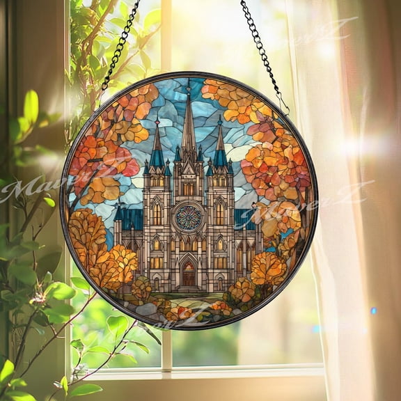 Cathedral Glass Suncatcher, Round Gothic Church, Autumn Trees, 3.5 in