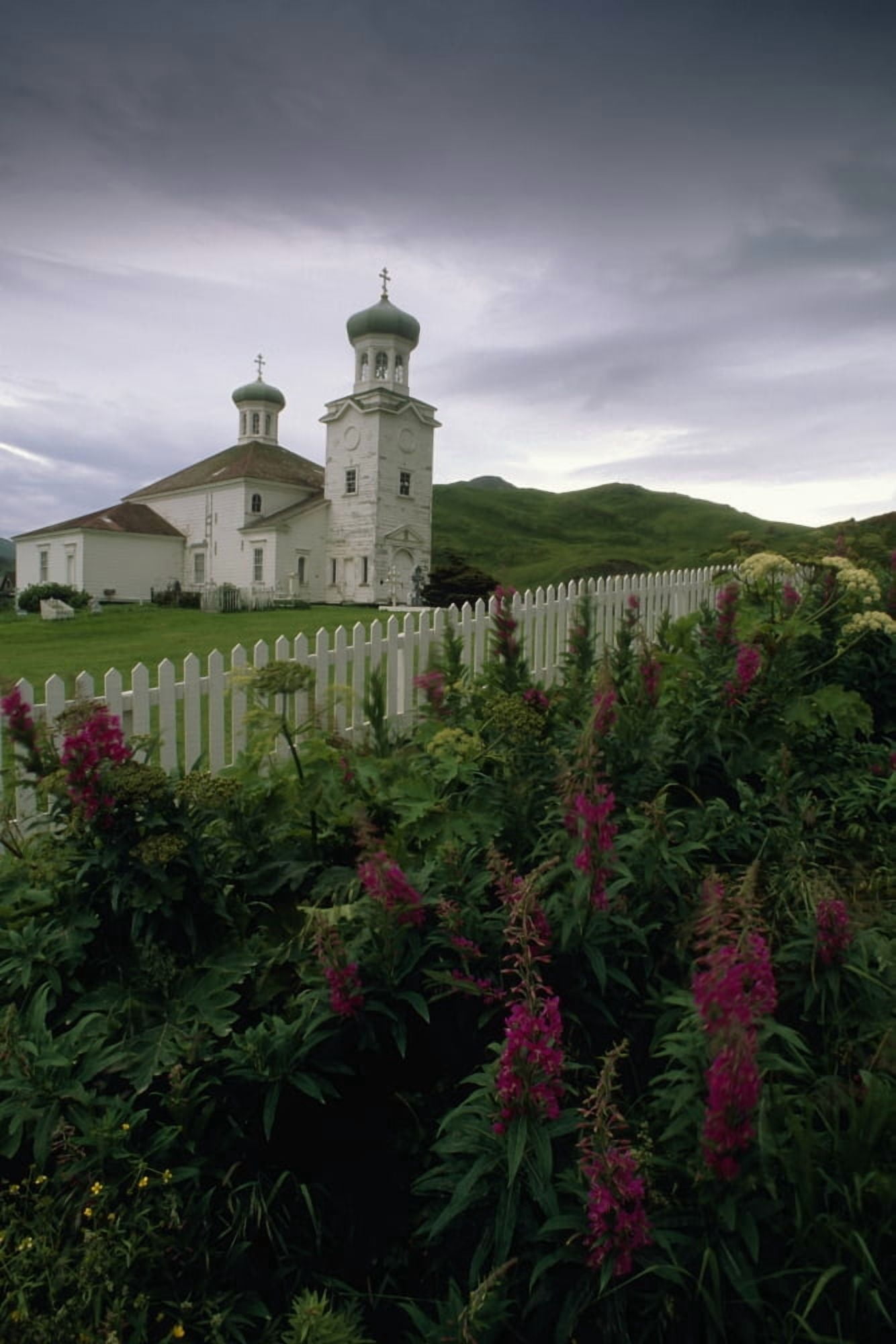 Cathedral Of Holy Ascension Atop Hill WWildflowers Unalaska Island Southwest Alaska Summer Aleutian Isl Canvas Art - Mark Kelley  Design Pics (24 x 38)