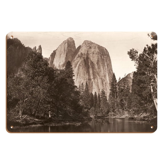 Cathedral Rock - Yosemite National Park California - Black and White Historic Photograph by Carleton E. Watkins c.1865 - 8 x 12 inch Vintage Wood Art Sign