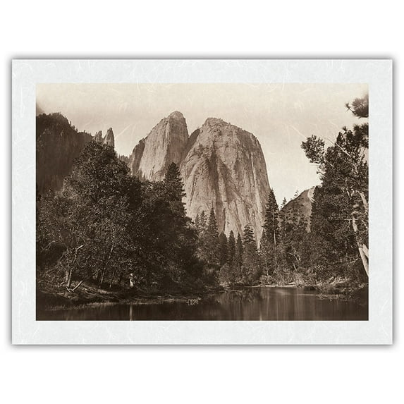 Cathedral Rock - Yosemite National Park California - Black and White Historic Photograph by Carleton E. Watkins c.1865 - Japanese Unryu Rice Paper Art Print (Unframed) 18 x 24 in
