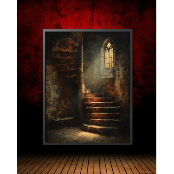 Cathedral Spiral Staircase Poster Medieval Hallway Wall Art, Arched Stone Window Architecture, Moody Light And Shadow, Unframed Poster Size 8x12