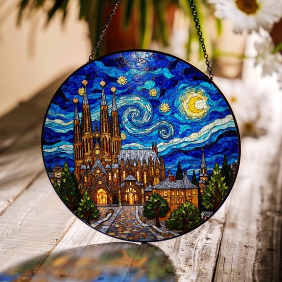 Cathedral Under Starry Sky Glass Suncatcher, Round Architecture Lover, 3.5 in