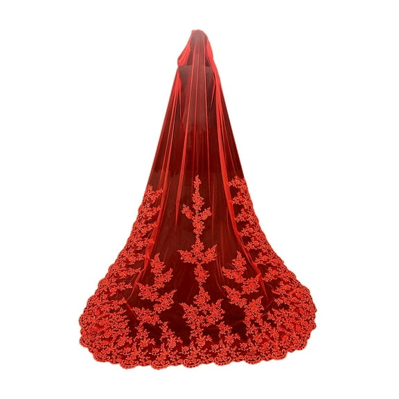 Cathedral Wedding Veil. Long, elegant. Luxurious soft tulle. For outdoor ceremonies. Retro Chinese wedding - style red lace bridal veil