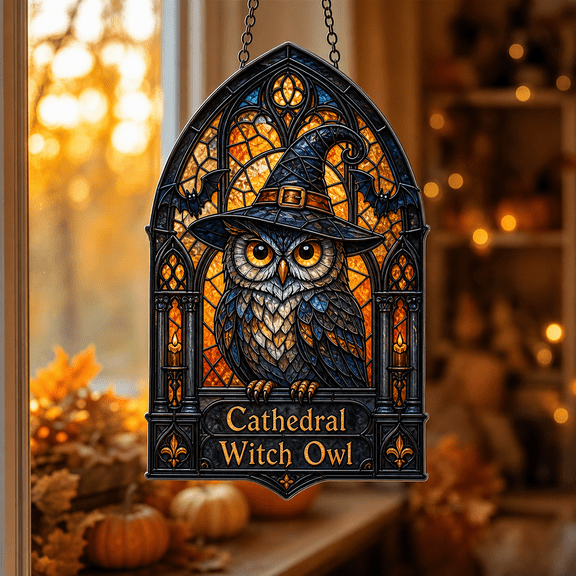 Cathedral Witch Owl Acrylic Suncatcher Window Hanging Gift for Mom Halloween Decor