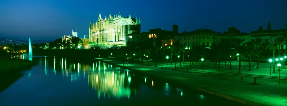 Cathedral lit up at night Palma Cathedral Palma Majorca Balearic Islands Spain Canvas Art - Panoramic Images (27 x 9)