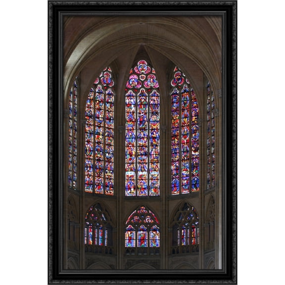 Cathedral of Tours Stained Glass Windows 26x40 Large Black Ornate Wood Framed Canvas Art
