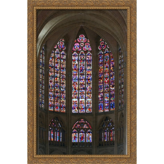 Cathedral of Tours Stained Glass Windows 26x40 Large Gold Ornate Wood Framed Canvas Art