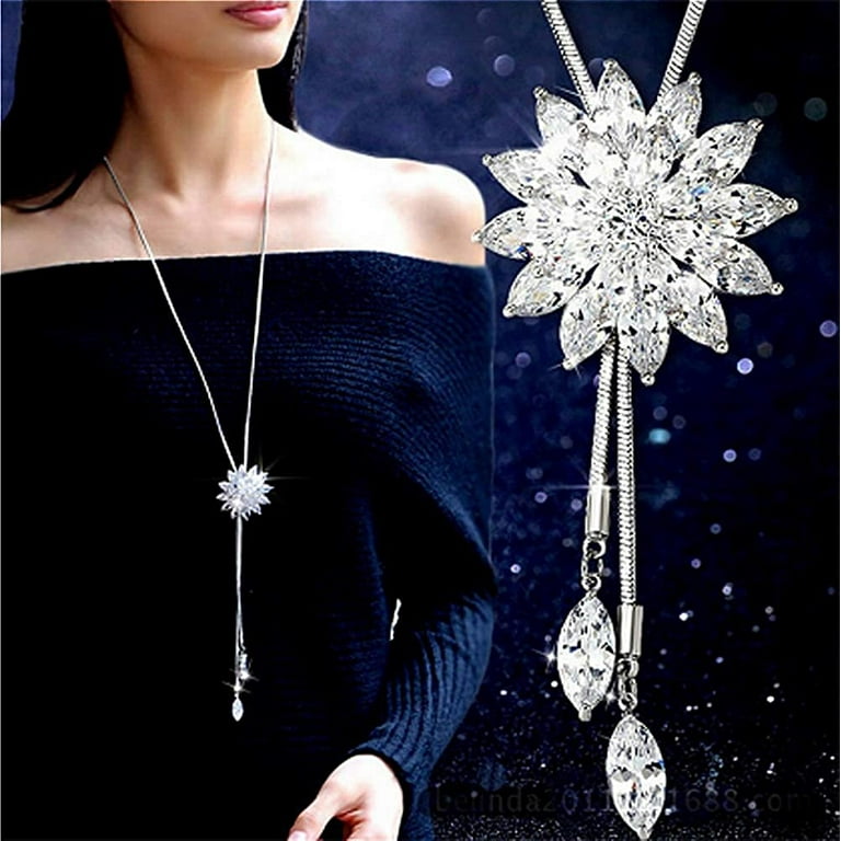Cathercing Rhinestone Lotus Floral Pendant Long Necklace for Women