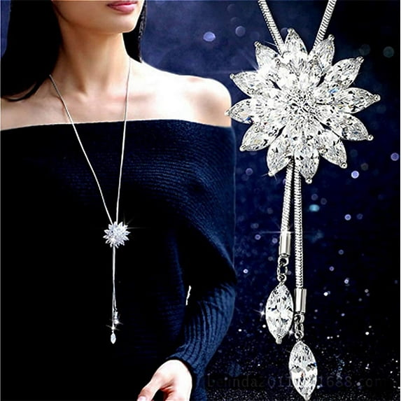 Cathercing Rhinestone Lotus Floral Pendant Long Necklace for Women Sweater Chain Statement Necklace Choker Adjustable Elegant Jewelry Accessories Dressy Collocation Winter Evening Party Wedding
