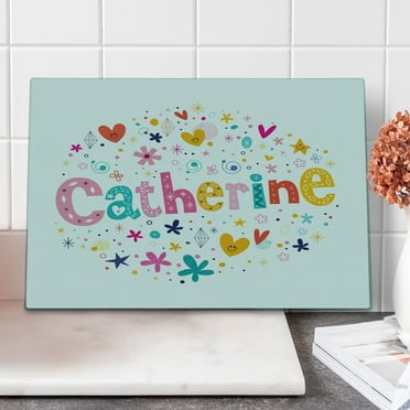Catherine Cutting Board, Colorful Alphabet Design Ornate Lettering Themed Arrangement Dots Pattern, Decorative Tempered Glass Cutting and Serving Board, Large Size, Multicolor, by Ambesonne