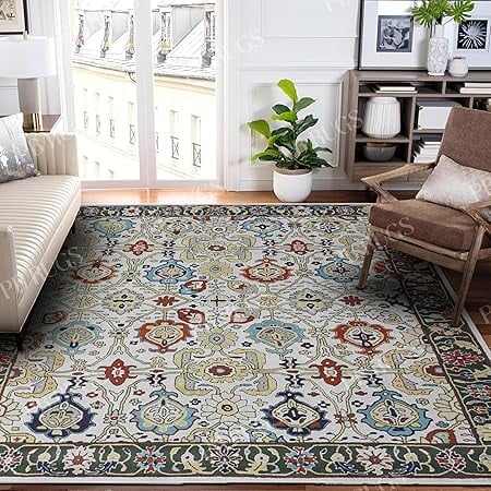 Catherine Green Border 3'x5′ Area Rug Handcrafted Motif Floral Design Oriental Traditional Design Non-Shedding Fine Wool Pile & Easy-Care Areas in Living Room Bedroom