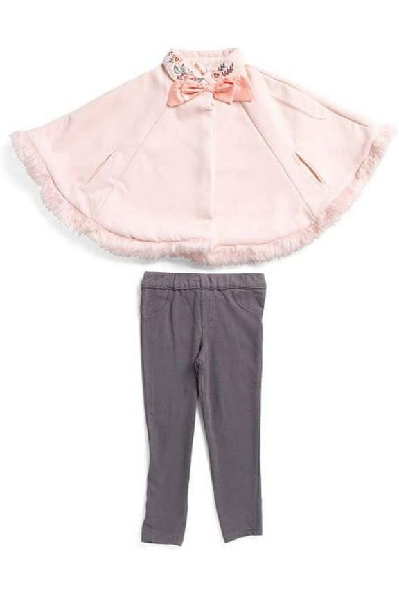 2pc Faux Fur Trimmed Poncho & Ponte Pant Set, Pink Combo (2T)