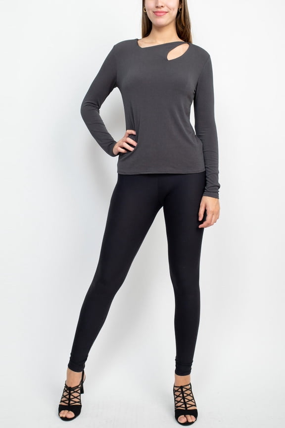 Asymmetrical Cutout Neck Long Sleeve Solid Crepe Top-CARBON / XS
