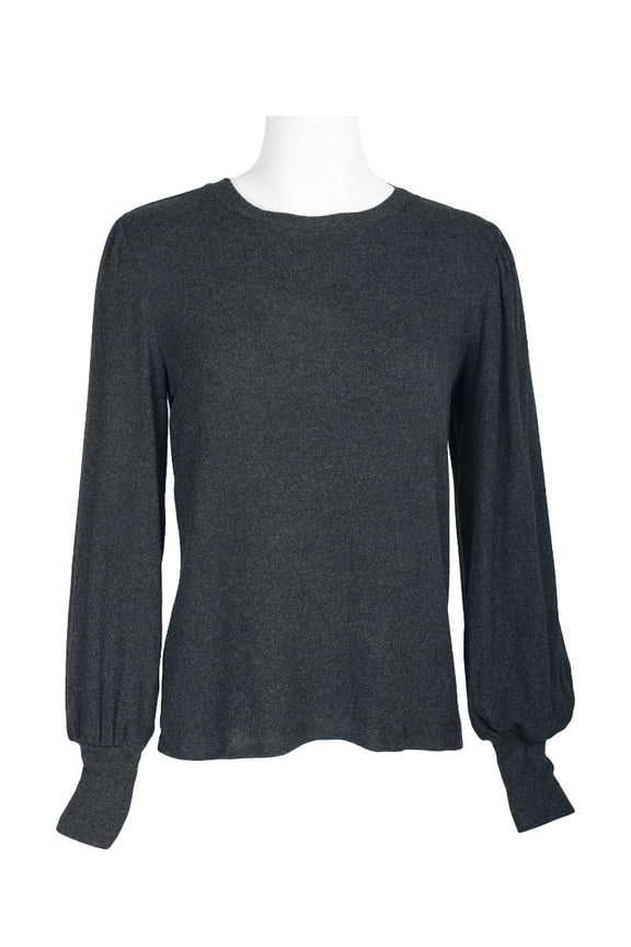 Crew Neck Long Sleeve Elastic Cuff’s Solid Knit Top-CHARCOAL HEATHER / XS