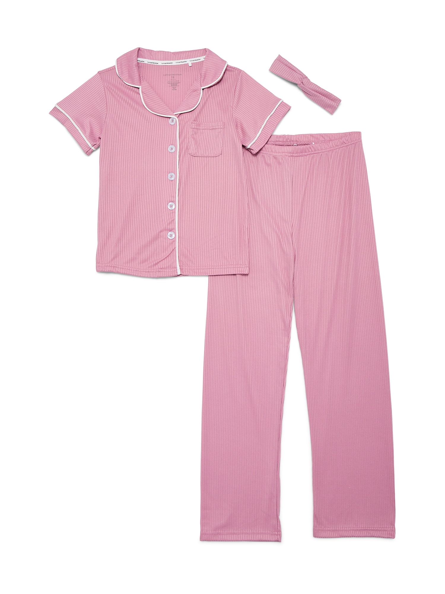 Catherine Malandrino Girls Ribbed Short Sleeve Top, Pants with Bonus Headband 3-Piece Pajama Sleep Set, Sizes 5-16