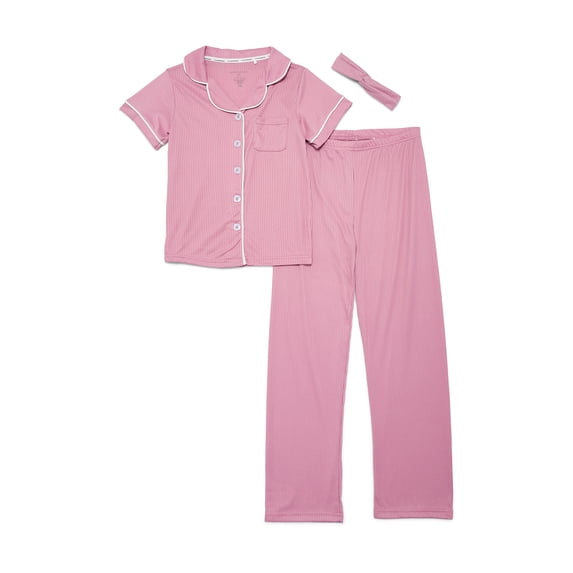 Catherine Malandrino Girls Ribbed Short Sleeve Top, Pants with Bonus Headband 3-Piece Pajama Sleep Set, Sizes 5-16