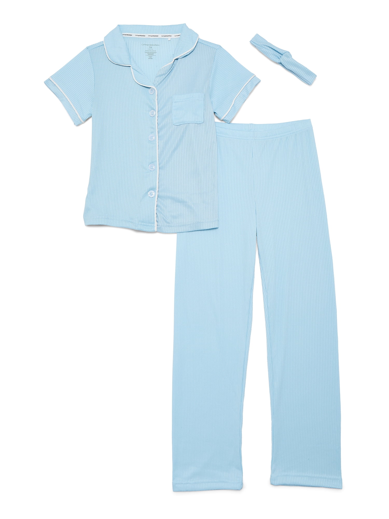 Catherine Malandrino Girls Ribbed Short Sleeve Top, Pants with Bonus Headband 3-Piece Pajama Sleep Set, Sizes 5-16