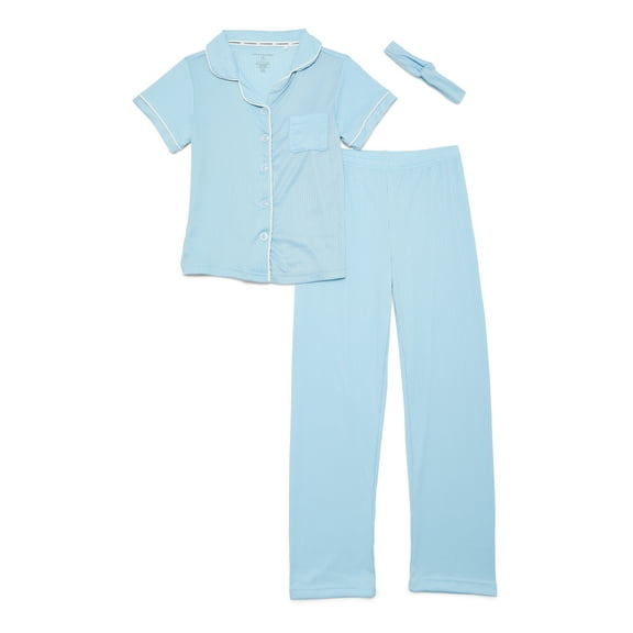 Catherine Malandrino Girls Ribbed Short Sleeve Top, Pants with Bonus Headband 3-Piece Pajama Sleep Set, Sizes 5-16