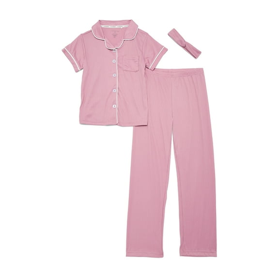 Catherine Malandrino Girls Ribbed Short Sleeve Top, Pants with Bonus Headband 3-Piece Pajama Sleep Set, Sizes 5-16