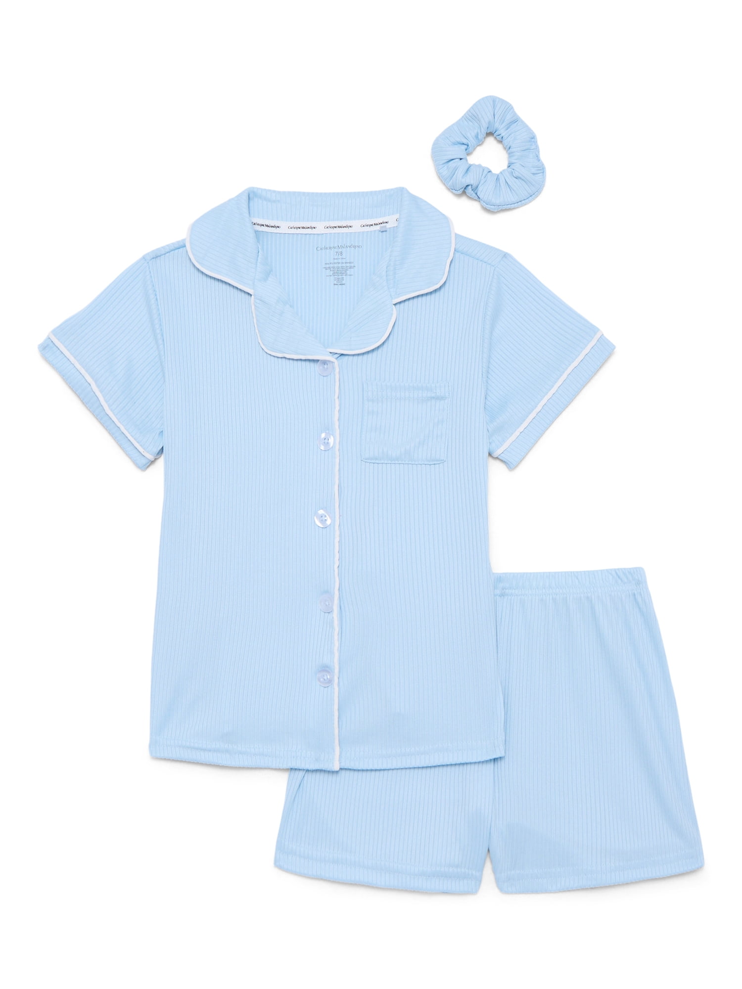 Catherine Malandrino Girls Ribbed Short Sleeve Top, Shorts and Scrunchie Pajama Set, 3-Piece, Sizes 5-16
