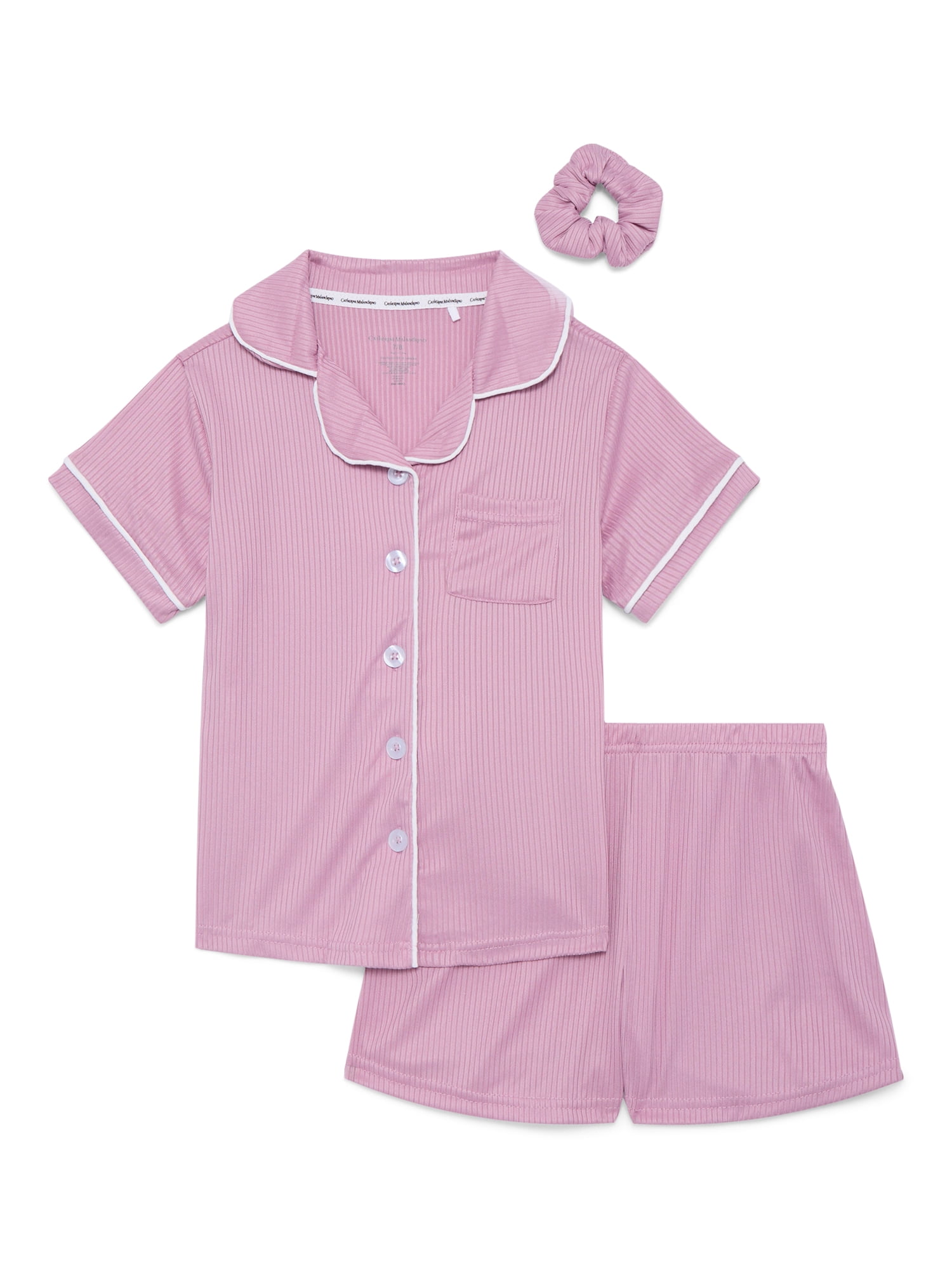 Catherine Malandrino Girls Ribbed Short Sleeve Top, Shorts and Scrunchie Pajama Set, 3-Piece, Sizes 5-16