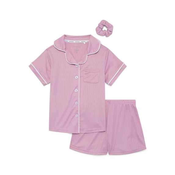 Catherine Malandrino Girls Ribbed Short Sleeve Top, Shorts and Scrunchie Pajama Set, 3-Piece, Sizes 5-16