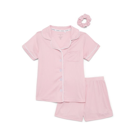 Catherine Malandrino Girls Ribbed Short Sleeve Top, Shorts and Scrunchie Pajama Set, 3-Piece, Sizes 5-16