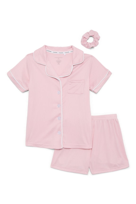 Girls Ribbed Short Sleeve Top, Shorts and Scrunchie Pajama Set, 3-Piece, Sizes 5-16
